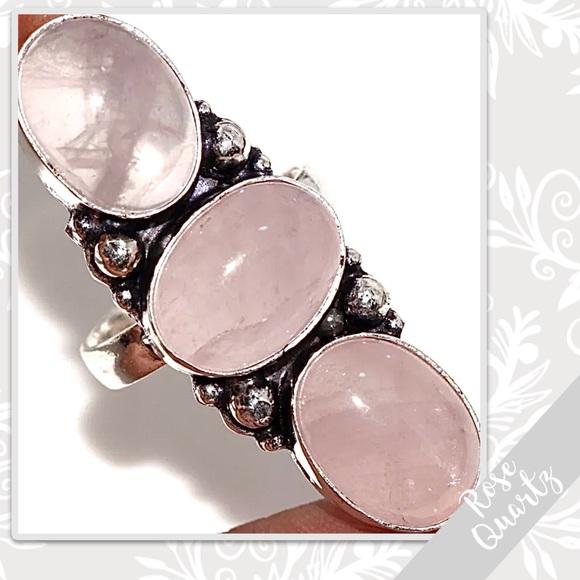 Rose Quartz Large Eclectic Three-Stone Silver Artisan Ring Size 8.5 (Light Pink)